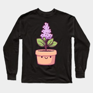 Cute Purple Blossom Flower in a Pot | Kawaii Style Plant | Kawaii Houseplant Long Sleeve T-Shirt